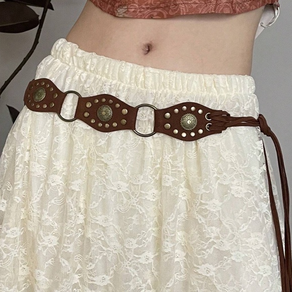 Western Brown Vegan Leather Studded Tie Belt - Picture 2 of 3